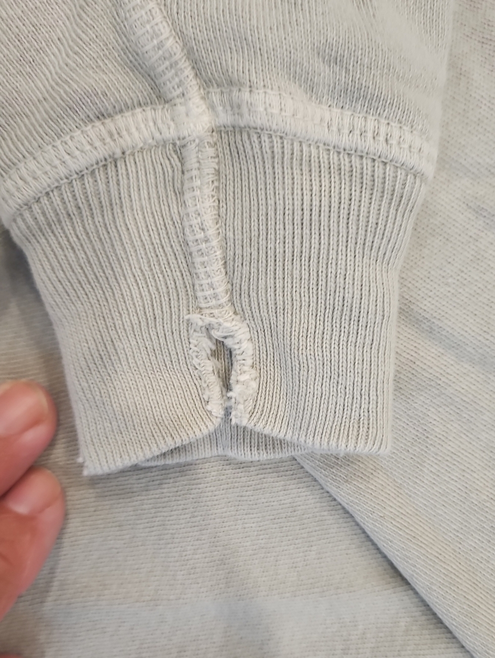 THE GREAT. Distressed  Soft Sage Green Sweatshirt with Multicolor Stripe Trim - Picture 3 of 6